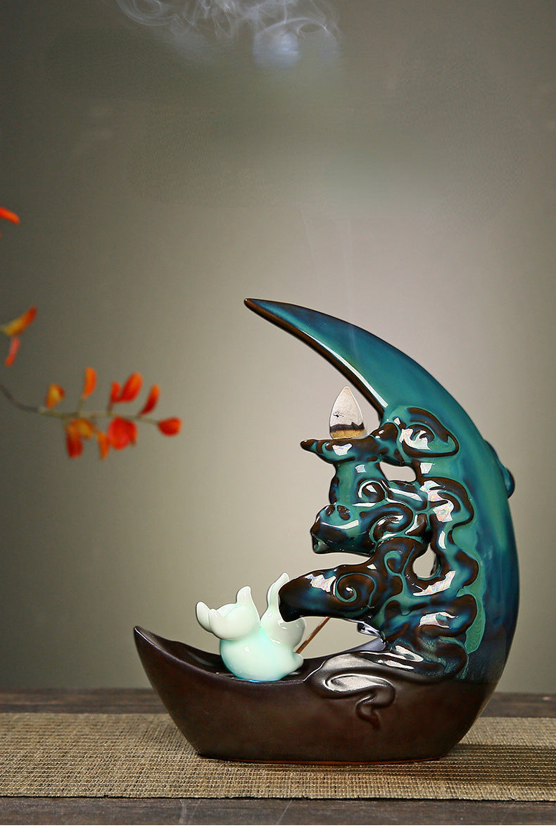 LED Light Moon Ceramic Backflow Incense Burner