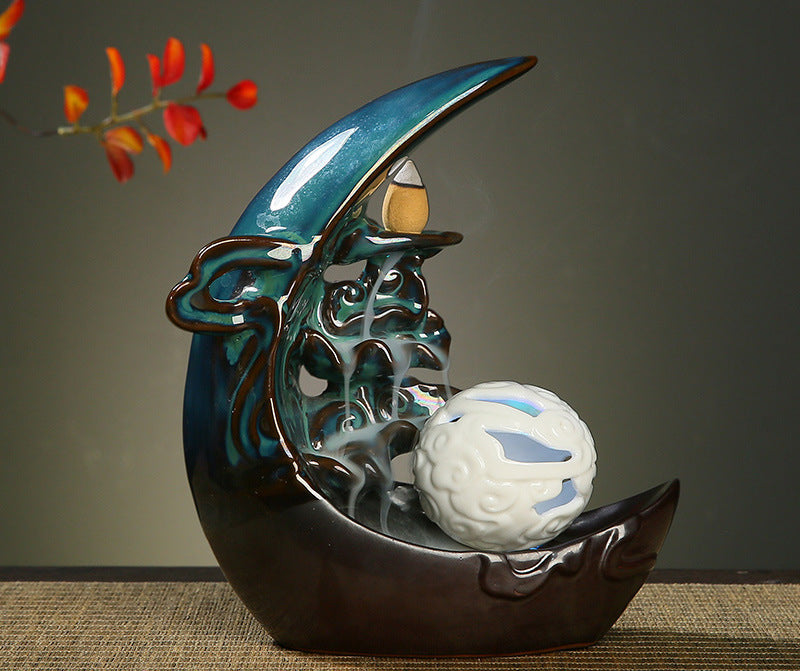 LED Light Moon Ceramic Backflow Incense Burner