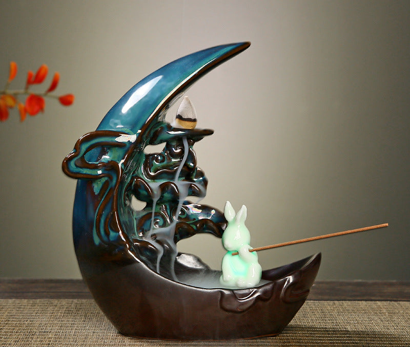 LED Light Moon Ceramic Backflow Incense Burner