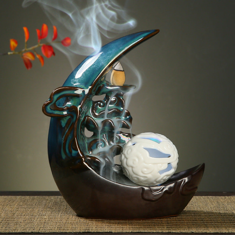 LED Light Moon Ceramic Backflow Incense Burner