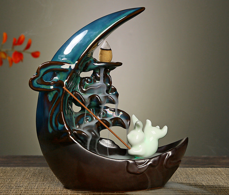 LED Light Moon Ceramic Backflow Incense Burner